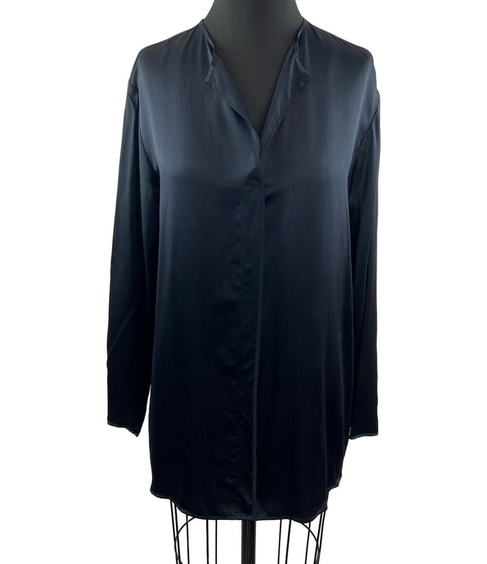 VINTAGE Elie Tahari Black Top Silk Split-Neck Bell Sleeve Pullover Size Large L